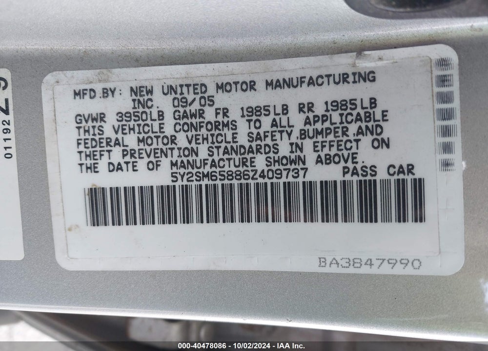 2006 PONTIAC VIBE VIN: 5Y2SM65886Z409737