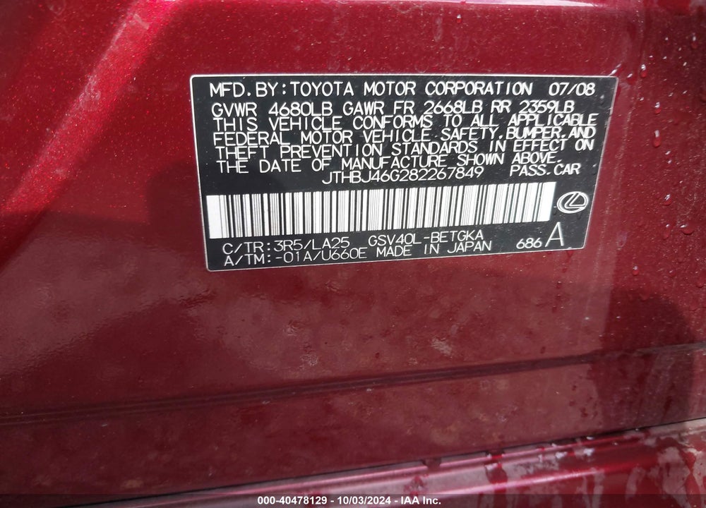 2008 LEXUS ES 350 VIN: JTHBJ46G282267849