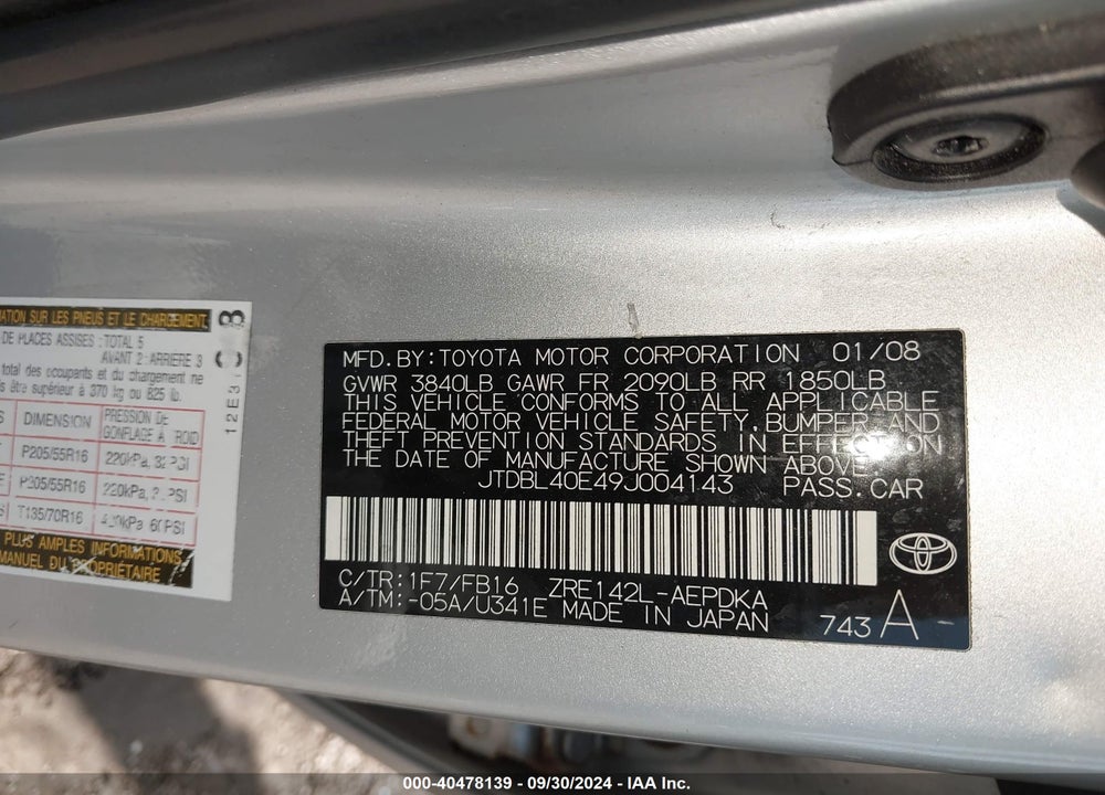 2009 TOYOTA COROLLA LE VIN: JTDBL40E49J004143