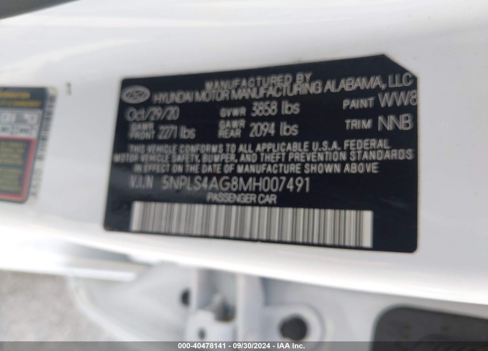 2021 HYUNDAI ELANTRA SEL VIN: 5NPLS4AG8MH007491