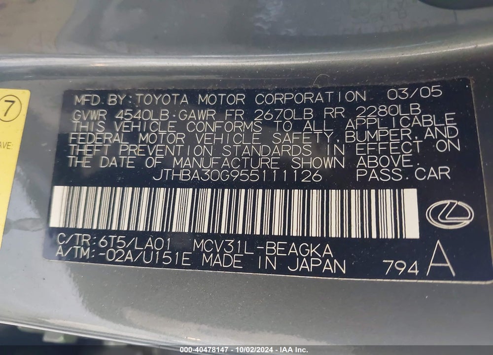 2005 LEXUS ES 330 VIN: JTHBA30G955111126