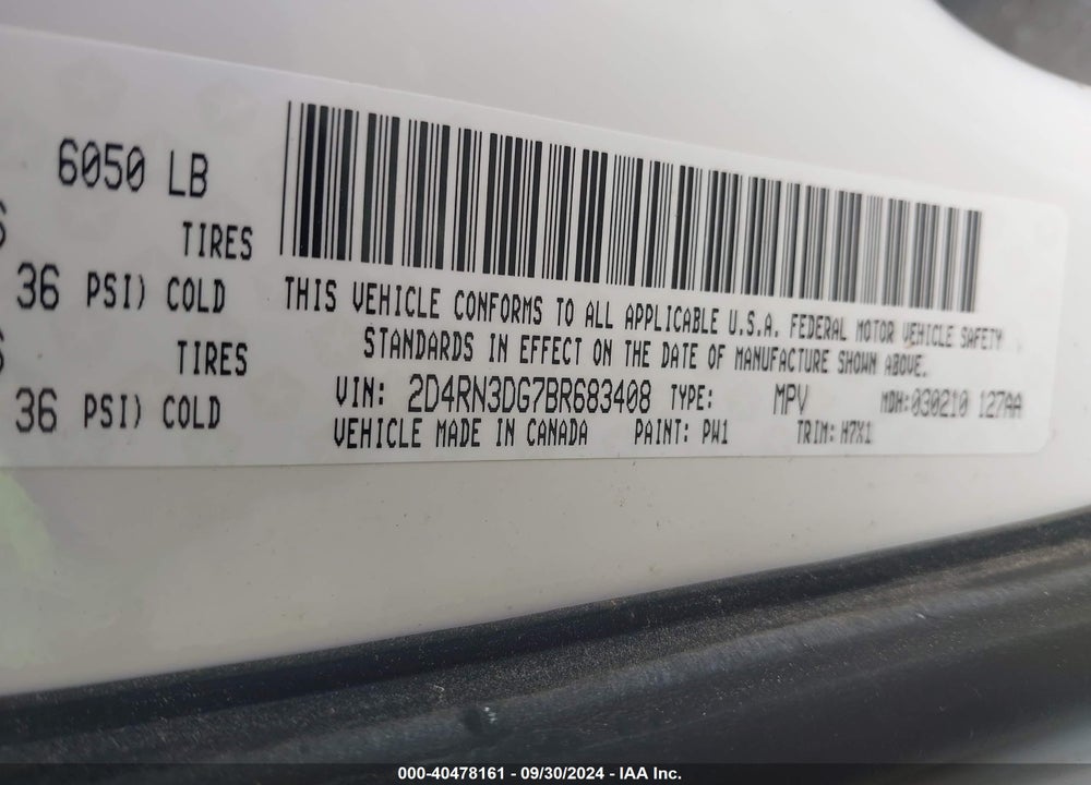 2011 DODGE GRAND CARAVAN MAINSTREET VIN: 2D4RN3DG7BR683408