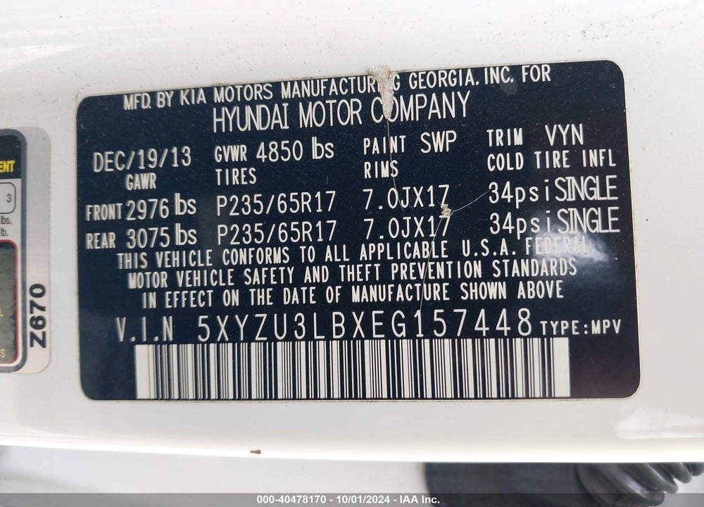 2014 HYUNDAI SANTA FE SPORT 2.4L VIN: 5XYZU3LBXEG157448