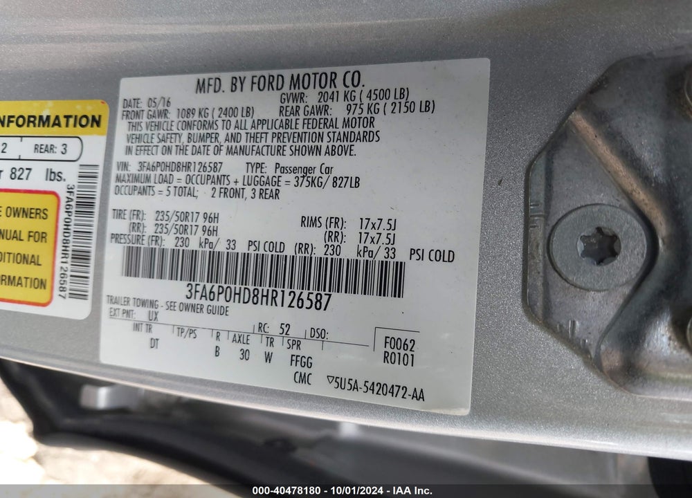 2017 FORD FUSION SE VIN: 3FA6P0HD8HR126587