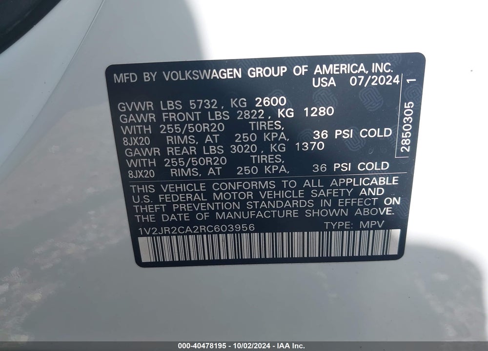 2024 VOLKSWAGEN ATLAS 2.0T SE W/TECHNOLOGY VIN: 1V2JR2CA2RC603956