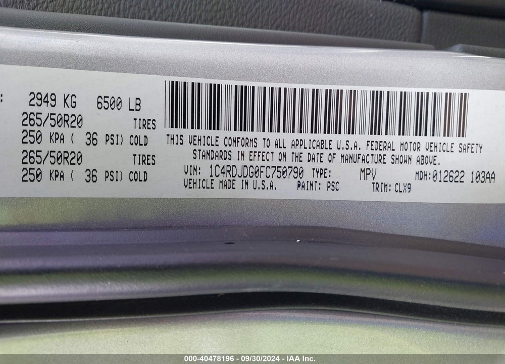 2015 DODGE DURANGO LIMITED VIN: 1C4RDJDG0FC750790