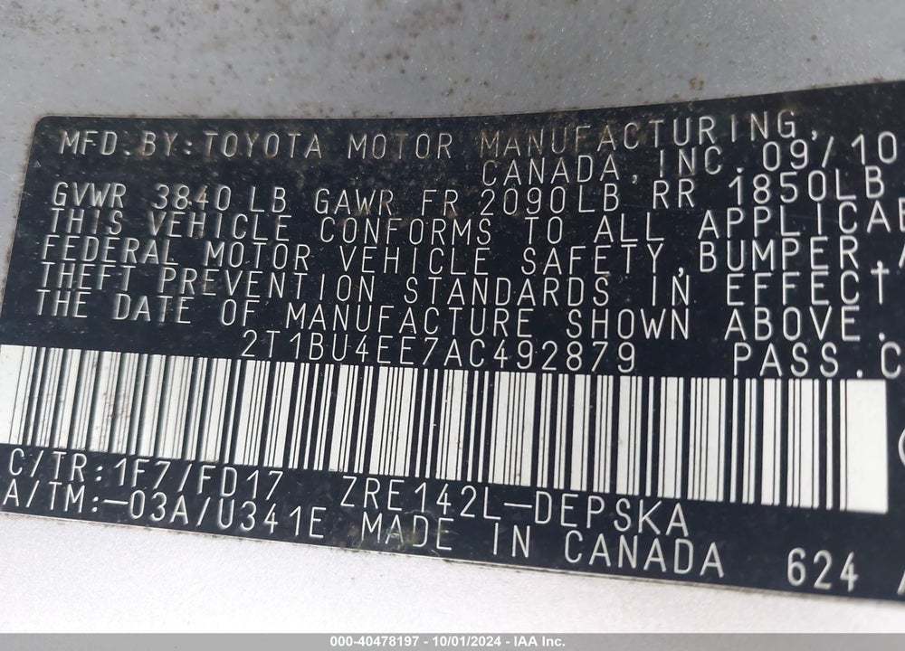2010 TOYOTA COROLLA VIN: 2T1BU4EE7AC492879