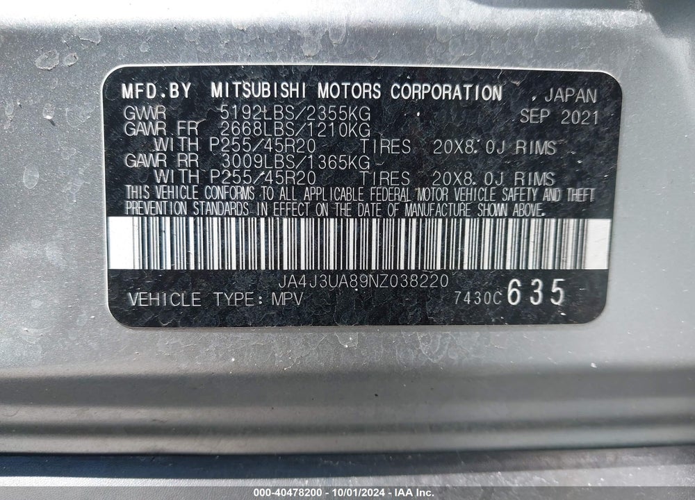 2022 MITSUBISHI OUTLANDER BLACK EDITION 2WD/SE 2.5 2WD/SE LAUNCH EDITION 2WD VIN: JA4J3UA89NZ038220
