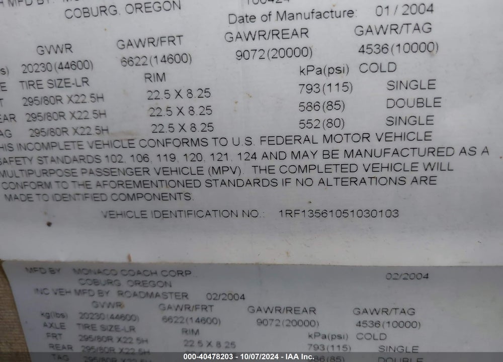 2005 MONACO ROADMASTER VIN: 1RF13561051030103