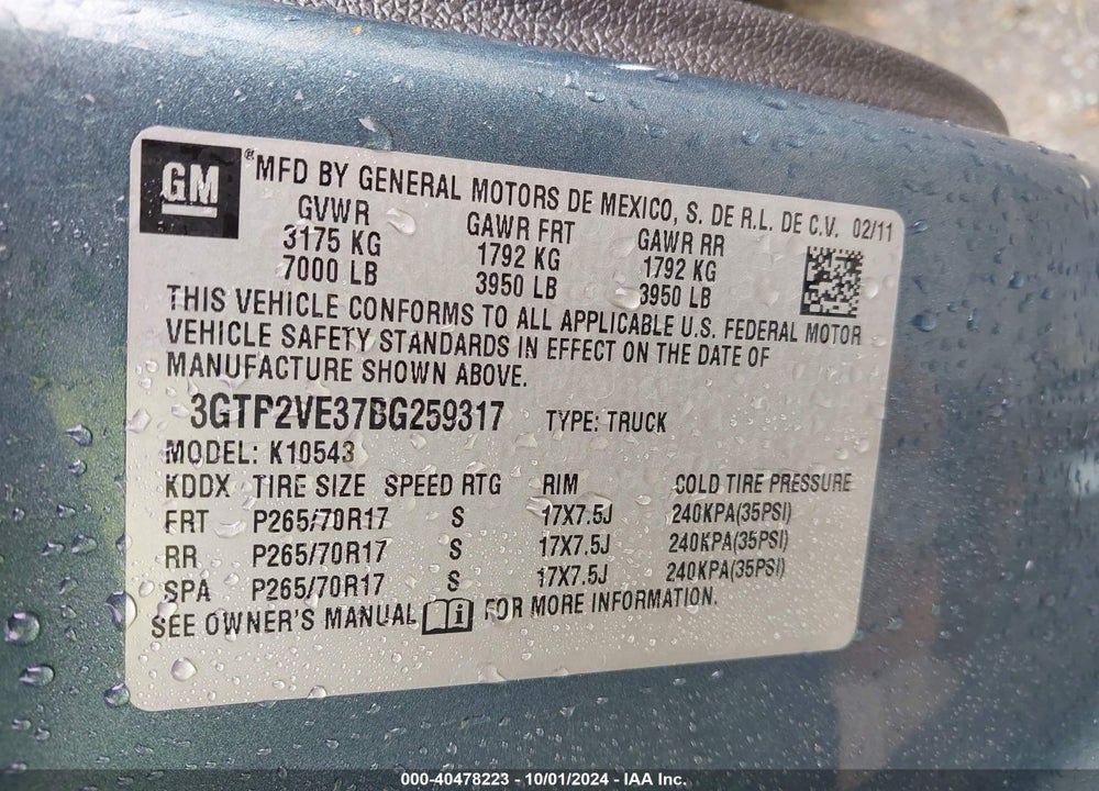 2011 GMC SIERRA 1500 SLE VIN: 3GTP2VE37BG259317