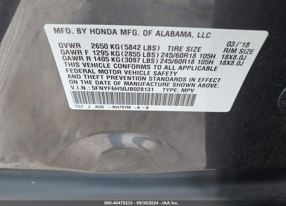 2018 HONDA PILOT EX-L VIN: 5FNYF6H50JB028131