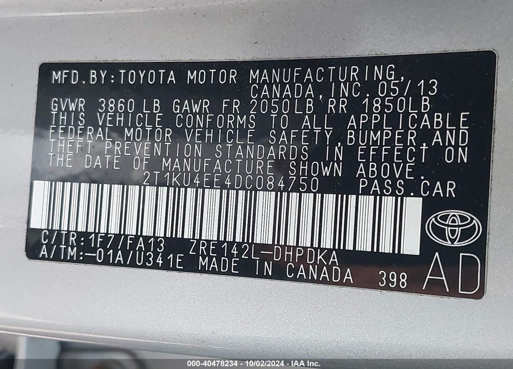 2013 TOYOTA MATRIX L VIN: 2T1KU4EE4DC084750