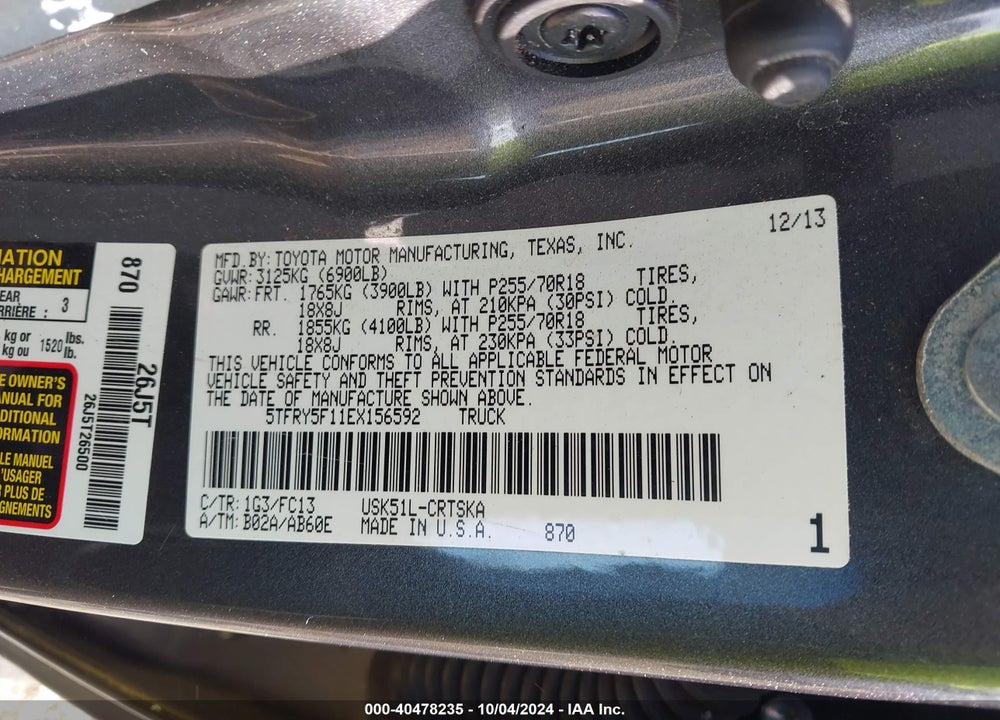 2014 TOYOTA TUNDRA SR5 5.7L V8 VIN: 5TFRY5F11EX156592