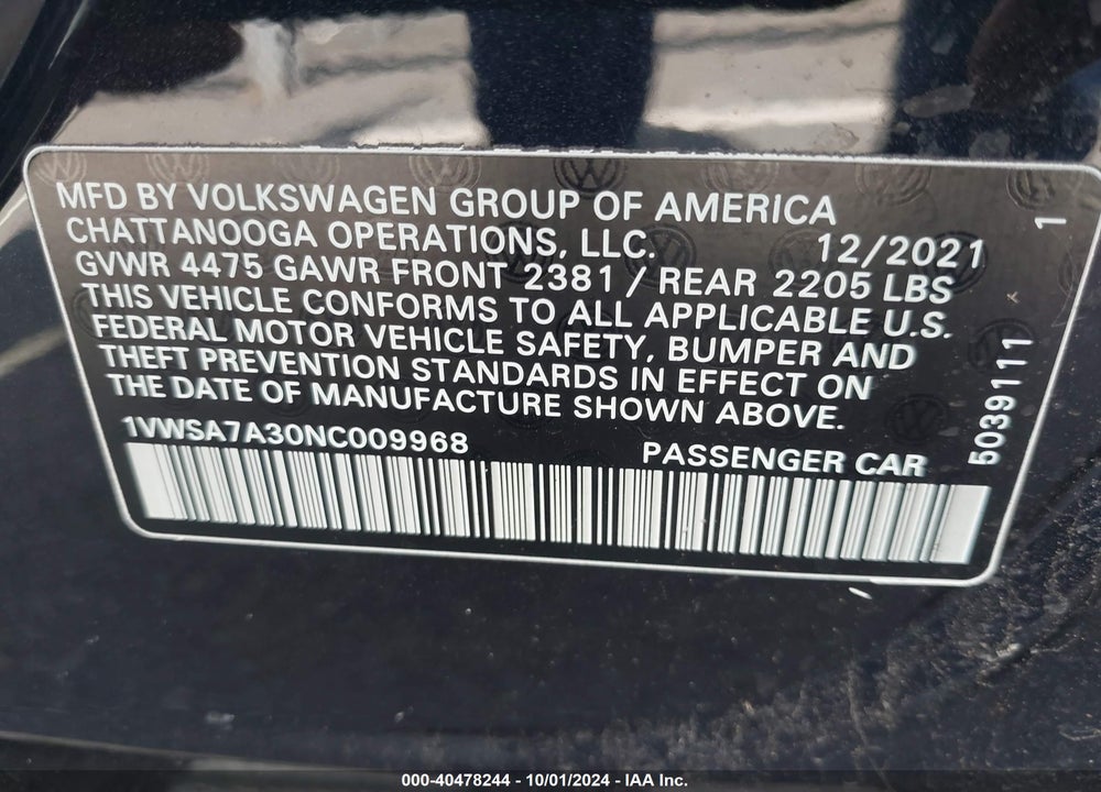 2022 VOLKSWAGEN PASSAT 2.0T SE VIN: 1VWSA7A30NC009968