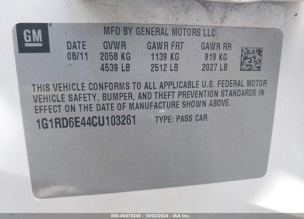 2012 CHEVROLET VOLT VIN: 1G1RD6E44CU103261