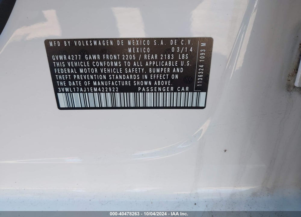 2014 VOLKSWAGEN JETTA 1.8T SEL VIN: 3VWL17AJ1EM422922