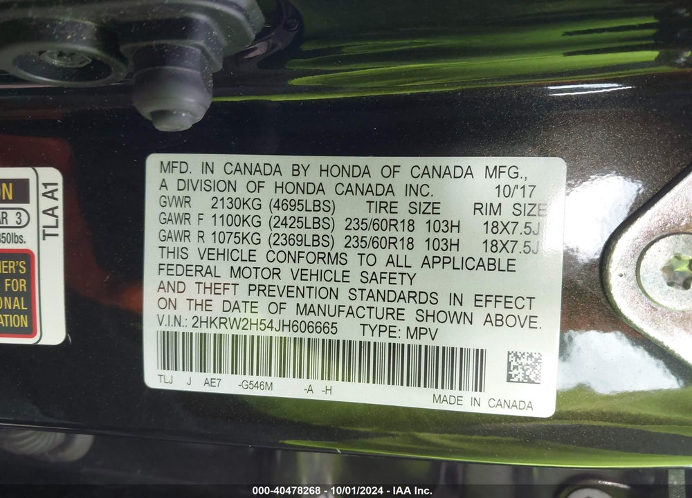 2018 HONDA CR-V EX VIN: 2HKRW2H54JH606665
