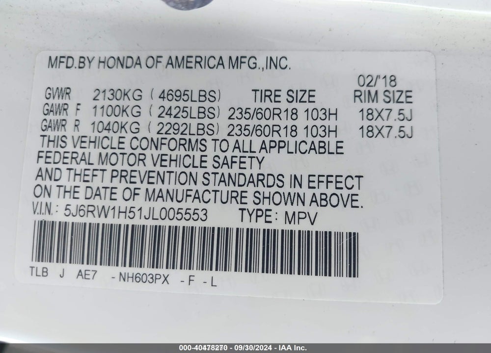 2018 HONDA CR-V EX VIN: 5J6RW1H51JL005553