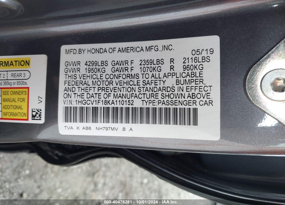 2019 HONDA ACCORD LX VIN: 1HGCV1F18KA110152