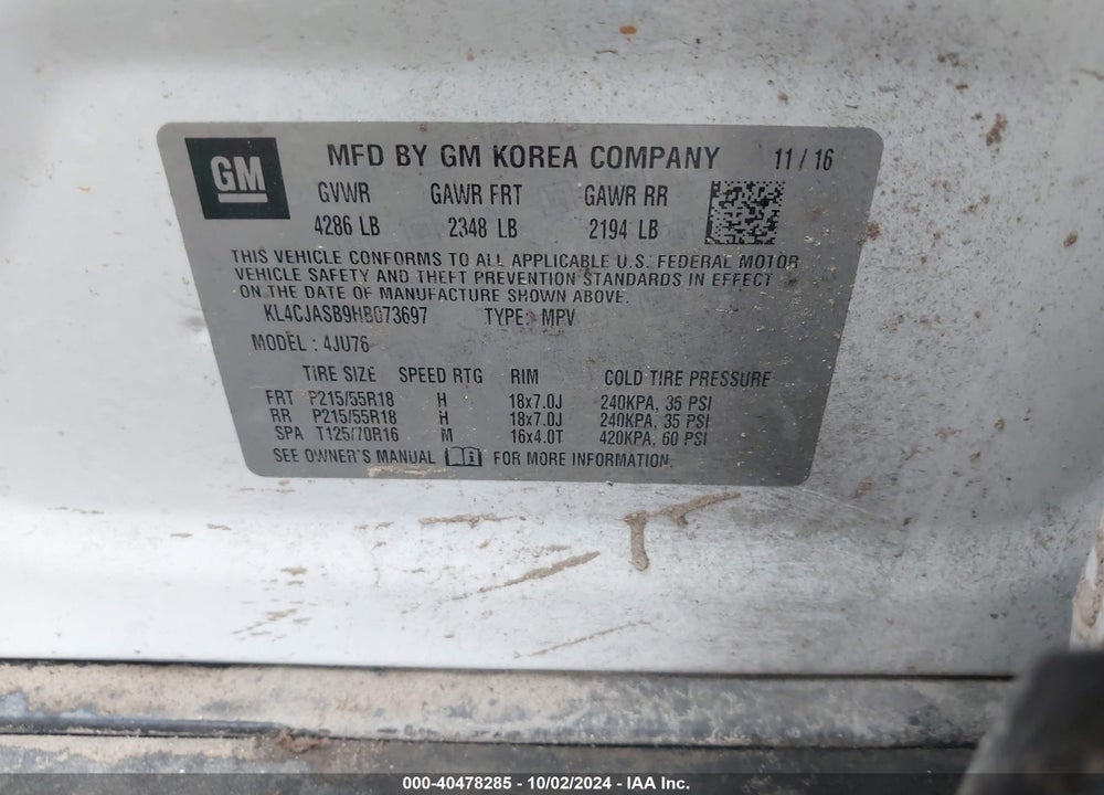 2017 BUICK ENCORE PREFERRED VIN: KL4CJASB9HB073697