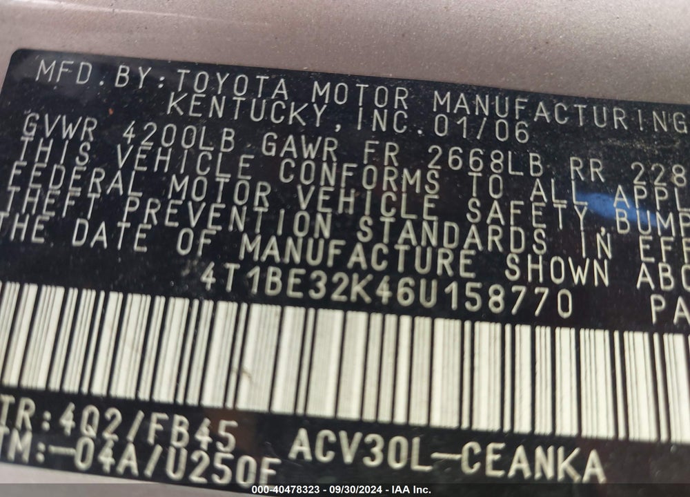 2006 TOYOTA CAMRY LE VIN: 4T1BE32K46U158770