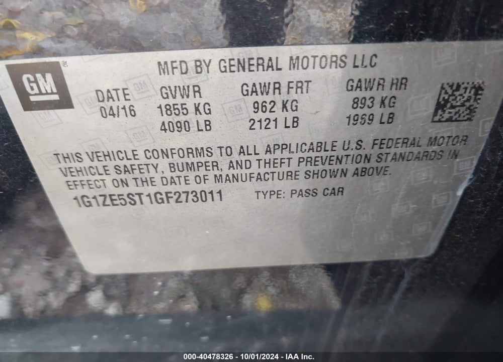 2016 CHEVROLET MALIBU 1LT VIN: 1G1ZE5ST1GF273011