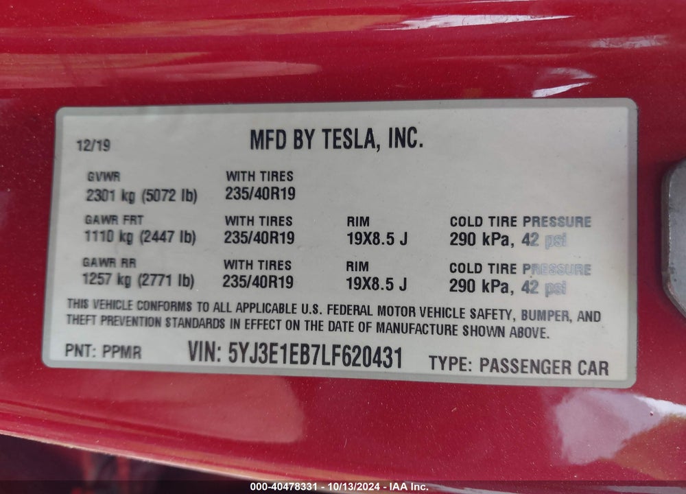 2020 TESLA MODEL 3 LONG RANGE DUAL MOTOR ALL-WHEEL DRIVE VIN: 5YJ3E1EB7LF620431