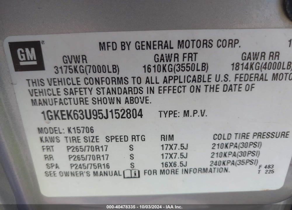 2005 GMC YUKON DENALI VIN: 1GKEK63U95J152804