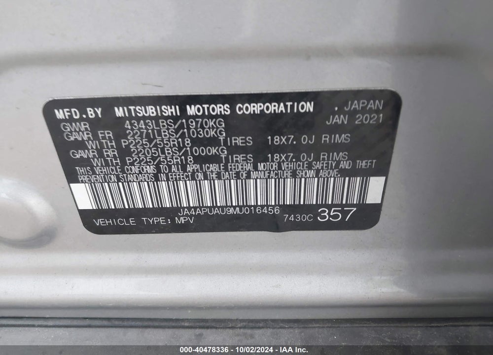 2021 MITSUBISHI OUTLANDER SPORT 2.0 BE 2WD/2.0 ES 2WD/2.0 LE 2WD/2.0 S 2WD VIN: JA4APUAU9MU016456