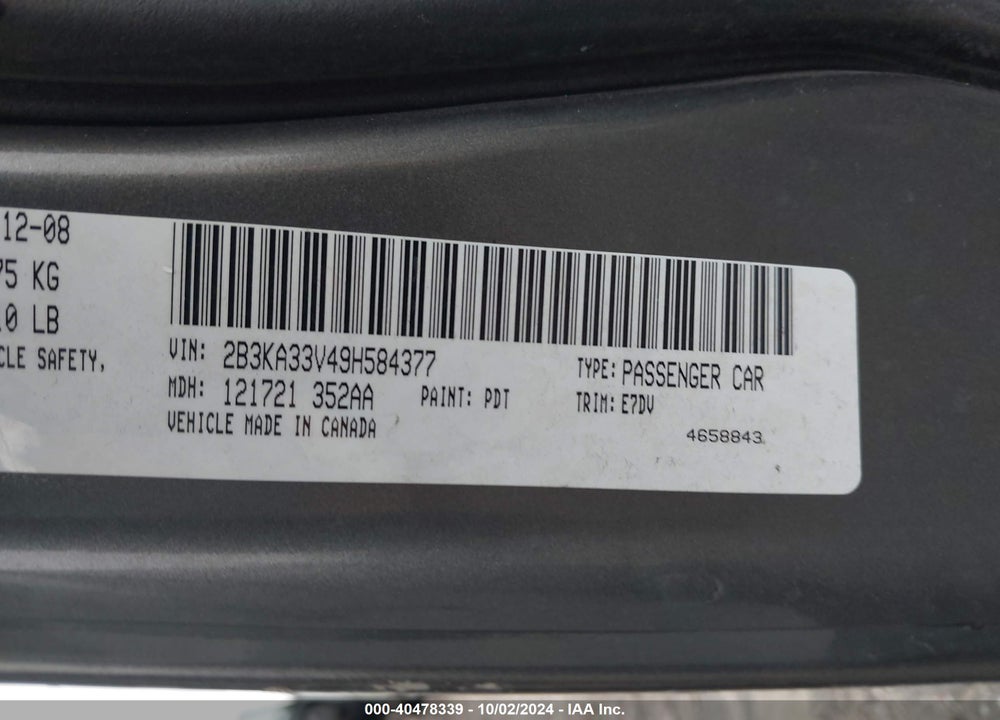 2009 DODGE CHARGER SXT VIN: 2B3KA33V49H584377