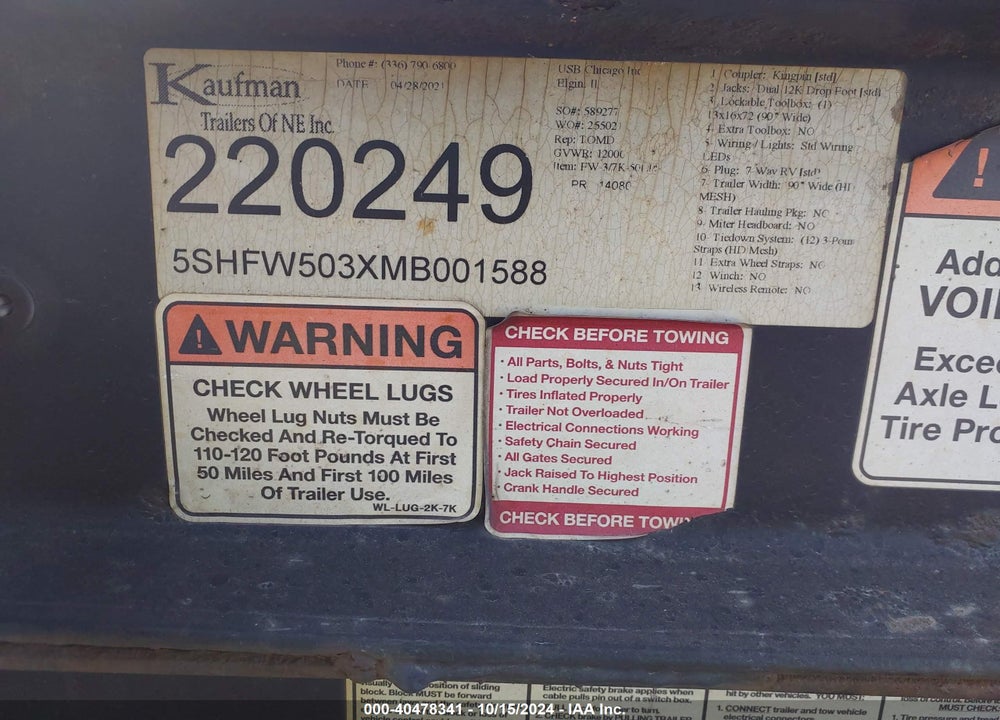 2021 KAUFMAN TRAILERS TRAILER VIN: 5SHFW503XMB001588