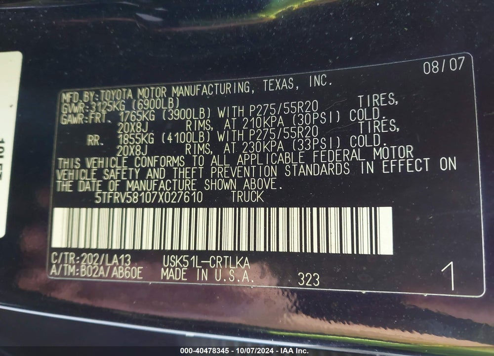 2007 TOYOTA TUNDRA LIMITED 5.7L V8 VIN: 5TFRV58107X027610