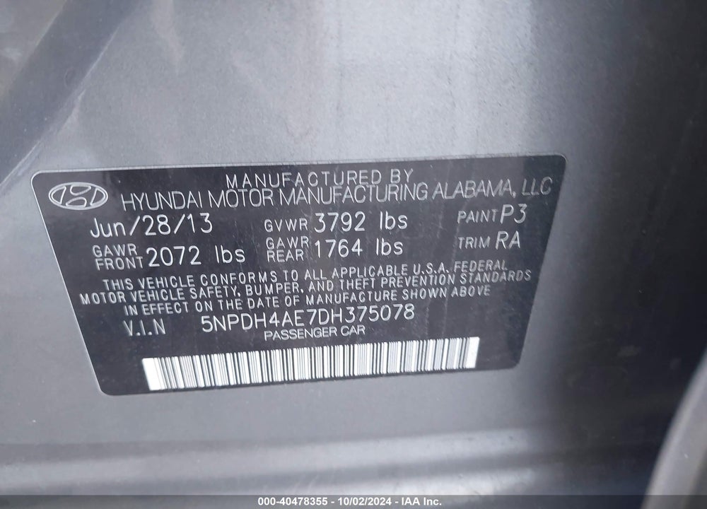 2013 HYUNDAI ELANTRA GLS VIN: 5NPDH4AE7DH375078