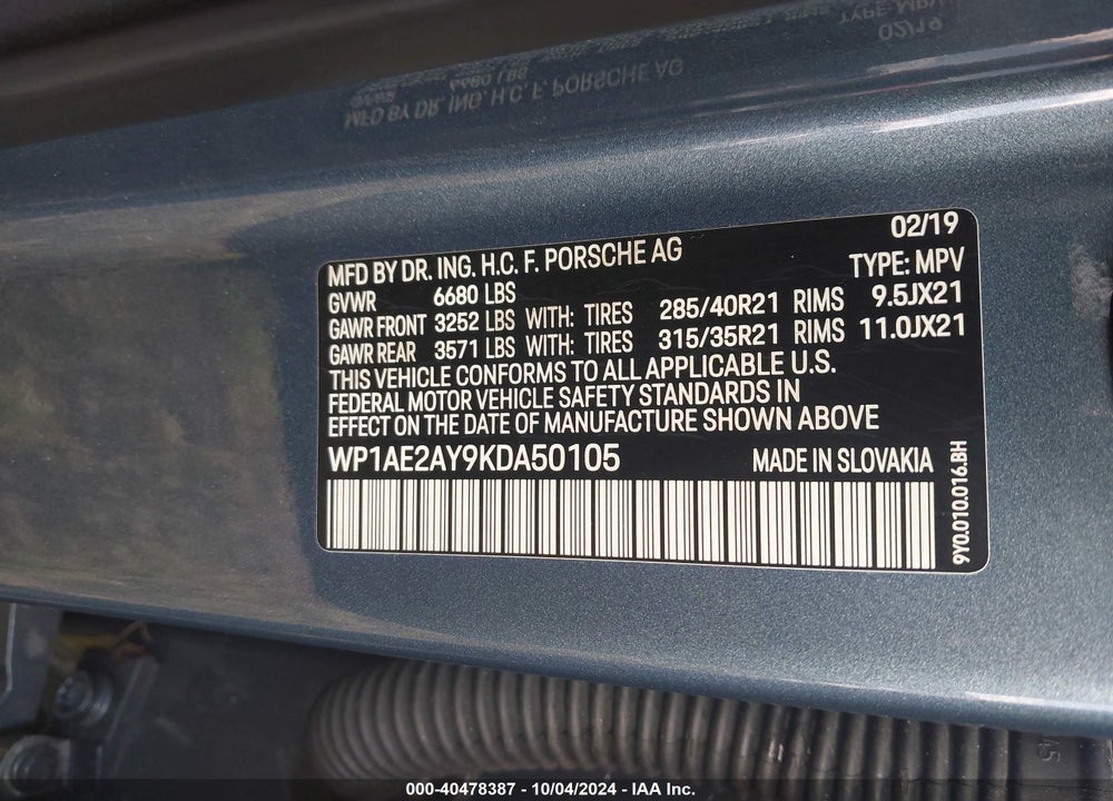 2019 PORSCHE CAYENNE E-HYBRID VIN: WP1AE2AY9KDA50105