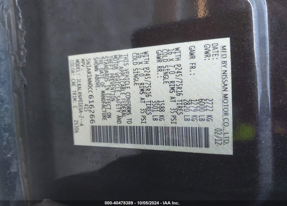 2012 PATHFINDER NISSAN  S VIN: 5N1AR1NN0CC616266
