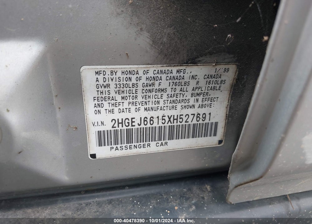1999 HONDA CIVIC VALUE PACKAGE VIN: 2HGEJ6615XH527691