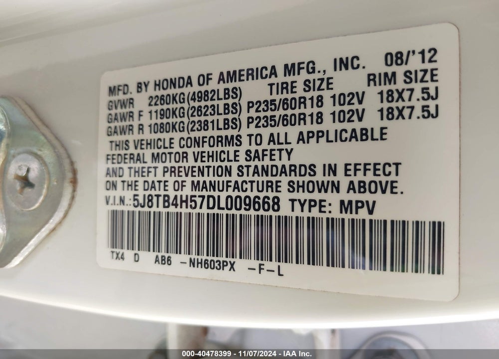 2013 ACURA RDX VIN: 5J8TB4H57DL009668