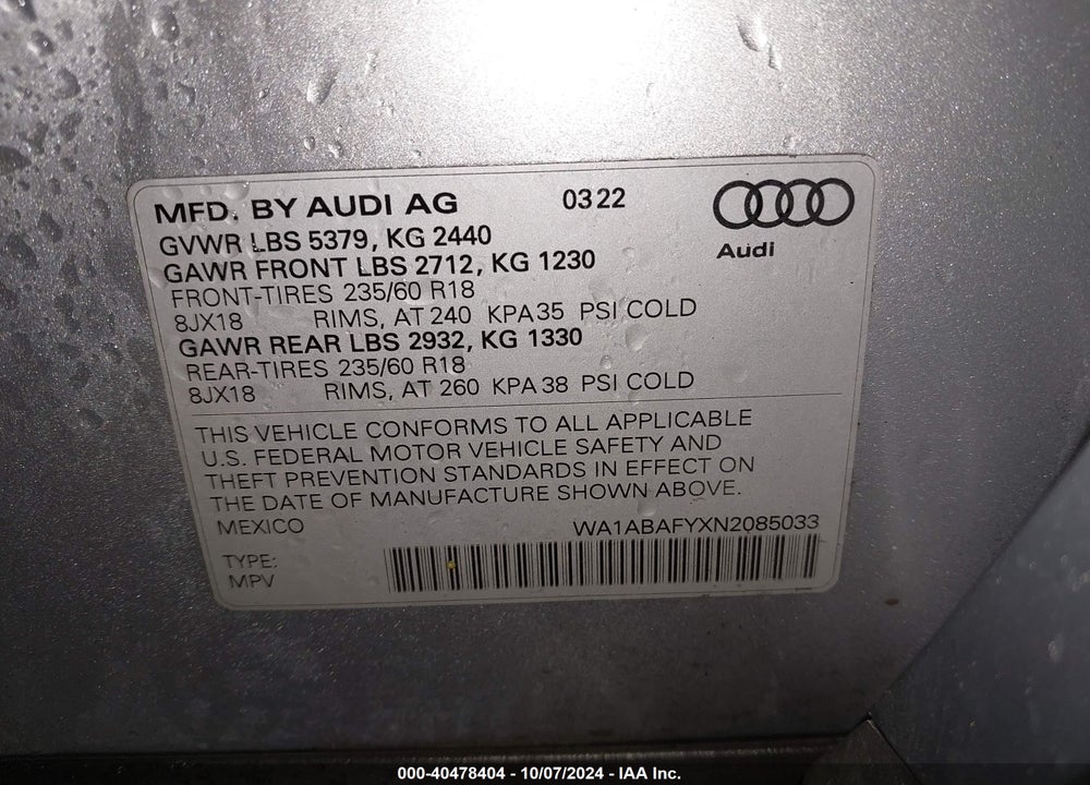 2022 AUDI Q5 PREMIUM 40 TFSI QUATTRO S TRONIC VIN: WA1ABAFYXN2085033