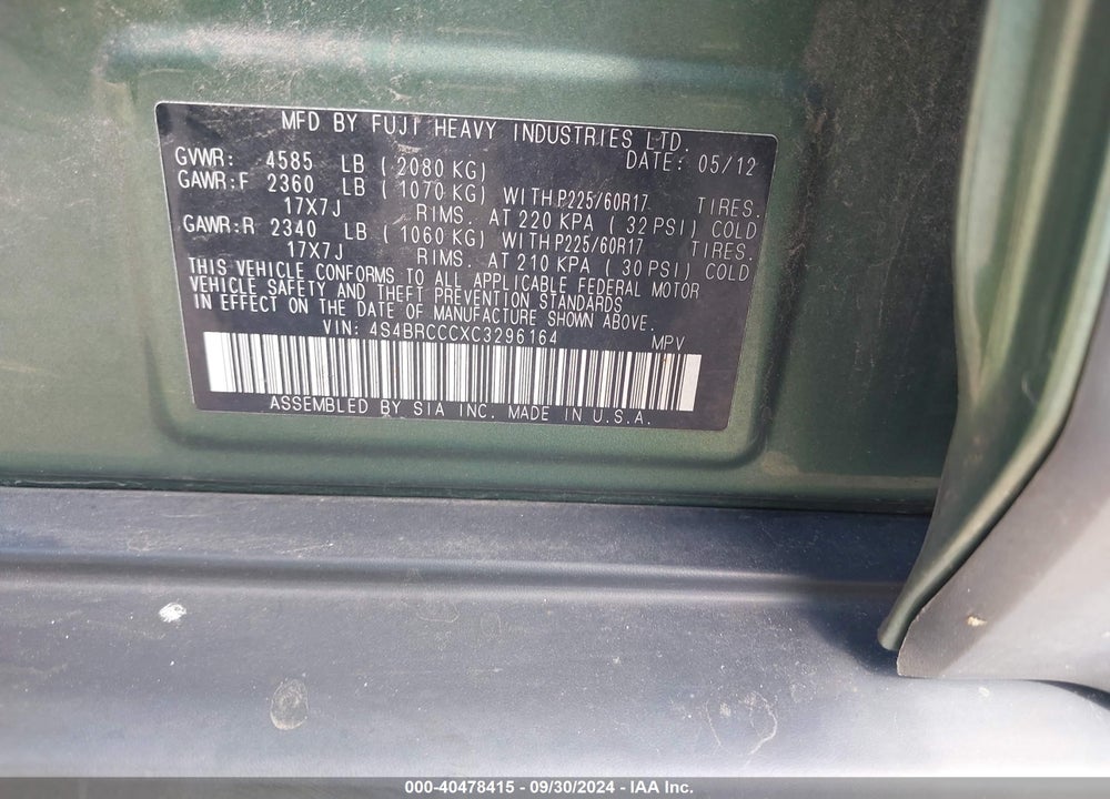 2012 SUBARU OUTBACK 2.5I PREMIUM VIN: 4S4BRCCCXC3296164