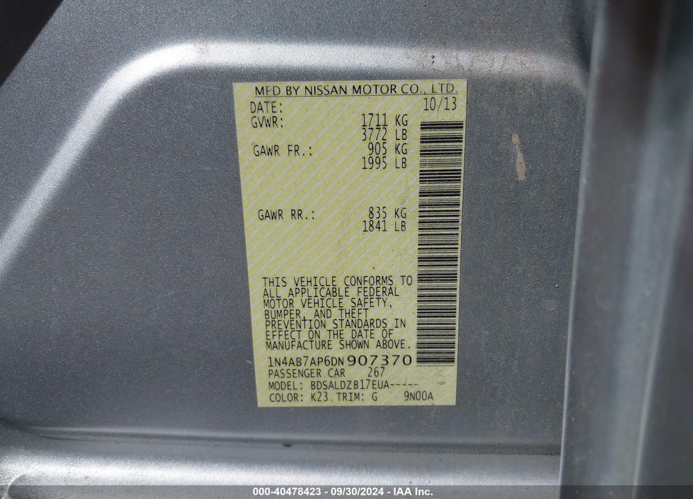 2013 NISSAN SENTRA SV VIN: 1N4AB7AP6DN907370