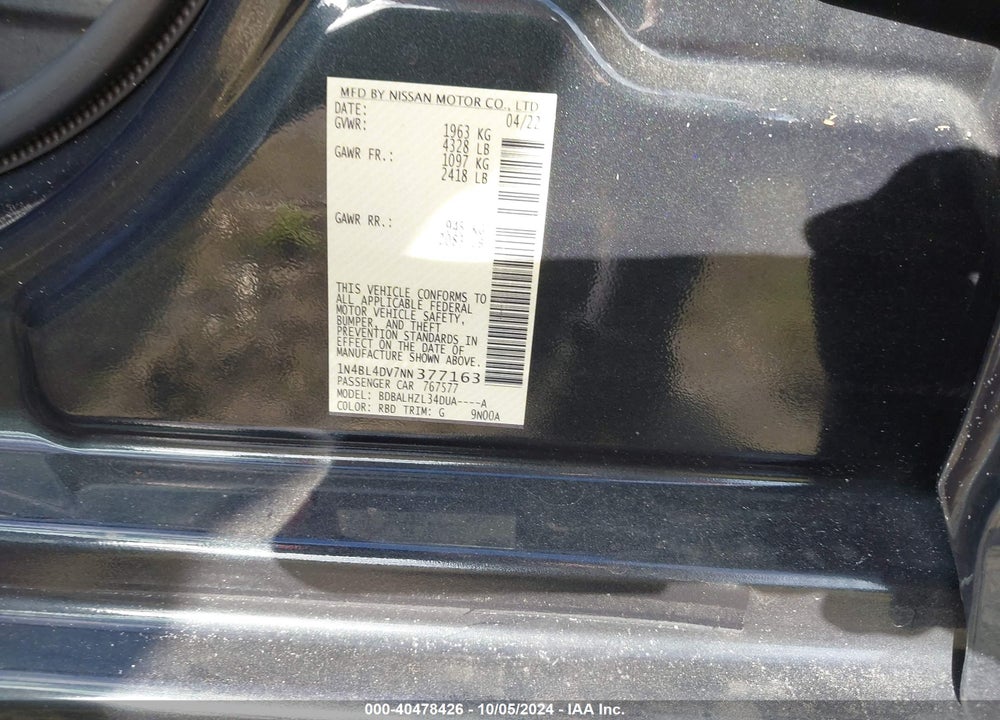 2022 NISSAN ALTIMA SV FWD VIN: 1N4BL4DV7NN377163