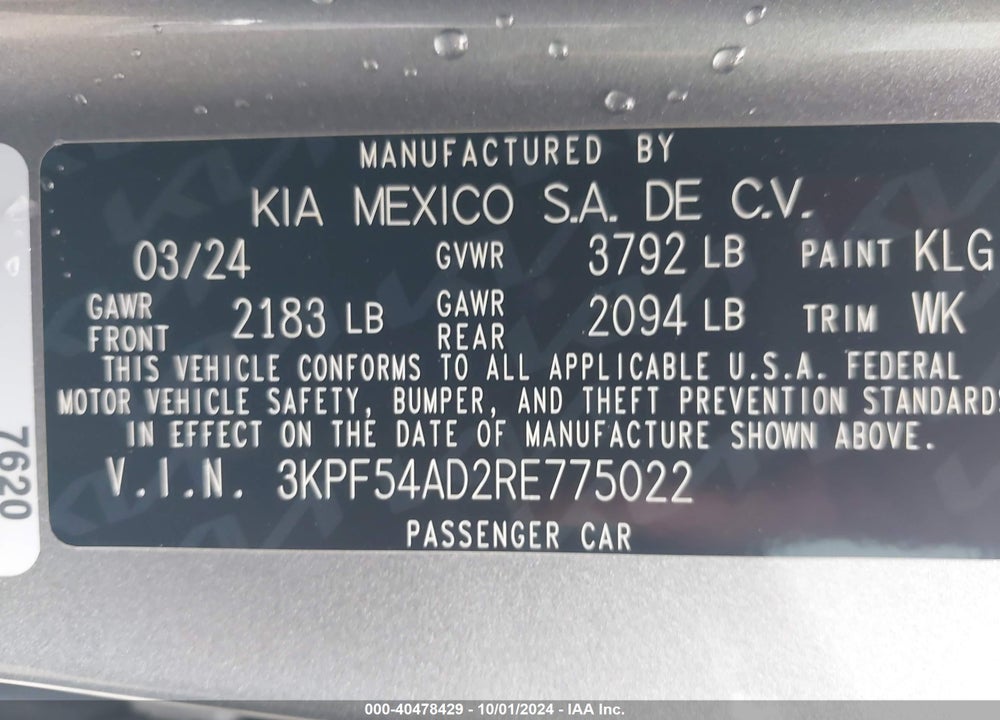 2024 KIA FORTE VIN: 3KPF54AD2RE775022