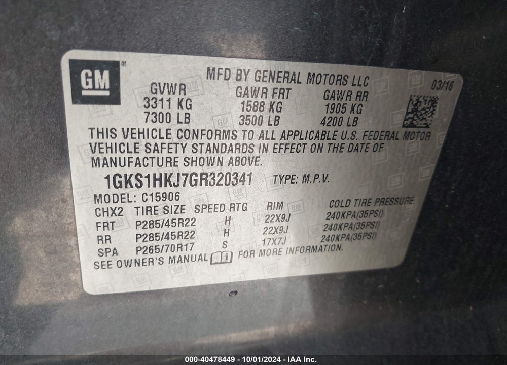 2016 GMC YUKON XL DENALI VIN: 1GKS1HKJ7GR320341