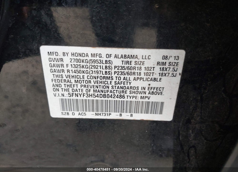 2013 HONDA PILOT EX-L VIN: 5FNYF3H54DB042486