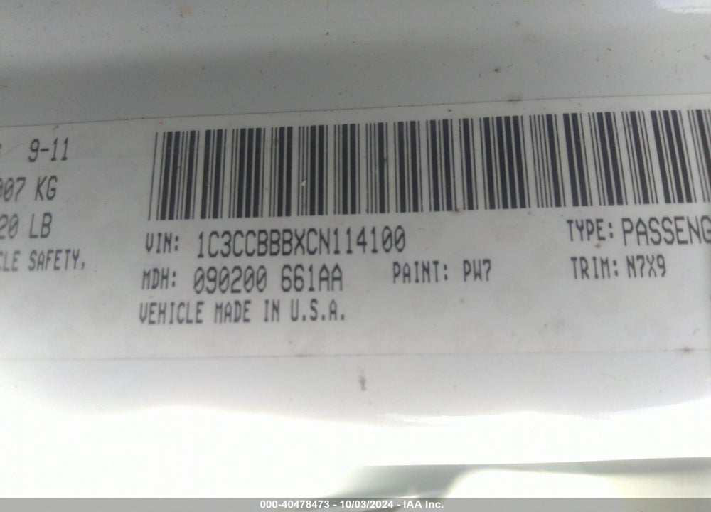 2012 CHRYSLER 200 TOURING VIN: 1C3CCBBBXCN114100