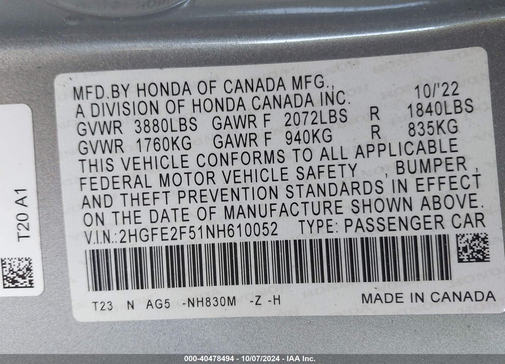 2022 HONDA CIVIC SPORT VIN: 2HGFE2F51NH610052