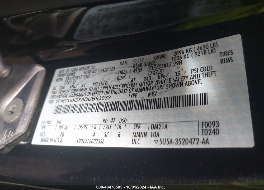 2013 FORD ESCAPE SE VIN: 1FMCU0GX3DUB93033