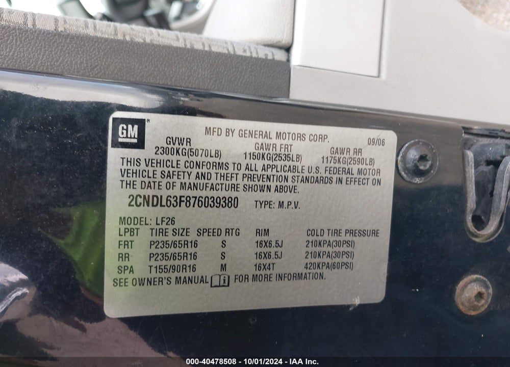 2007 CHEVROLET EQUINOX LT VIN: 2CNDL63F876039380