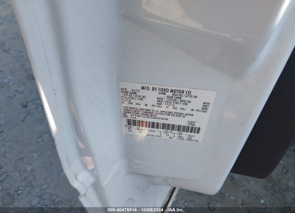 2013 FORD F-150 XL VIN: 1FTMF1CM7DKF01918