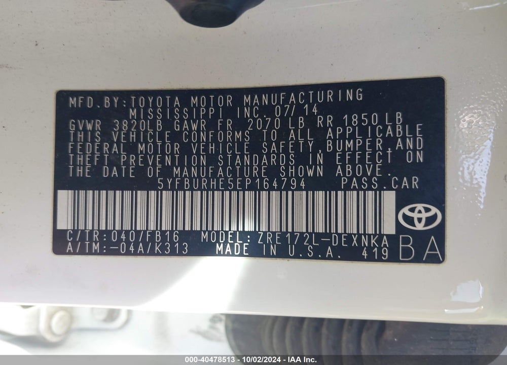 2014 TOYOTA COROLLA LE VIN: 5YFBURHE5EP164794